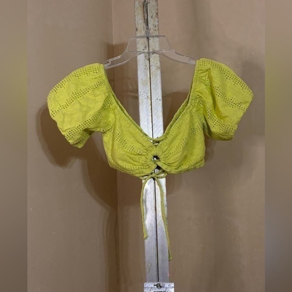 Wild Fable Bright Green Eyelet Crop Top XS Lace-Up Puff Sleeve Cottagecore Y2K